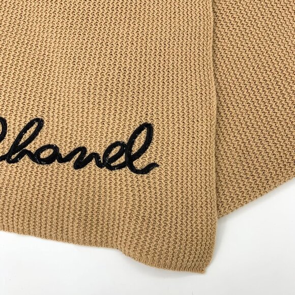 Chanel Brown Cashmere Knitted Scarf With Black Sequin Logo Embroidery 200 X 35cm - Picture 9 of 9